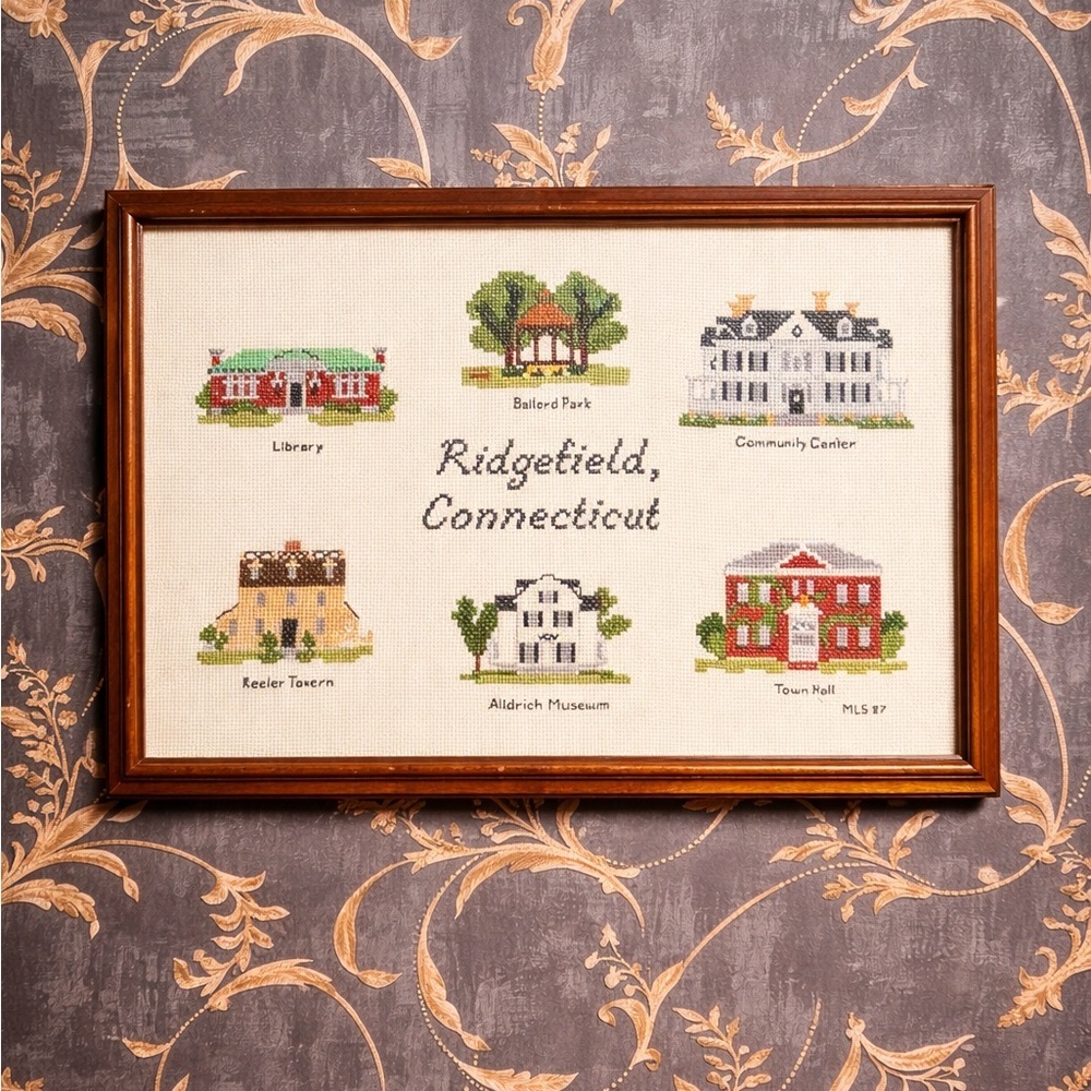 Vintage Ridgefield CT Framed Needlework Landmarks Sampler 1987